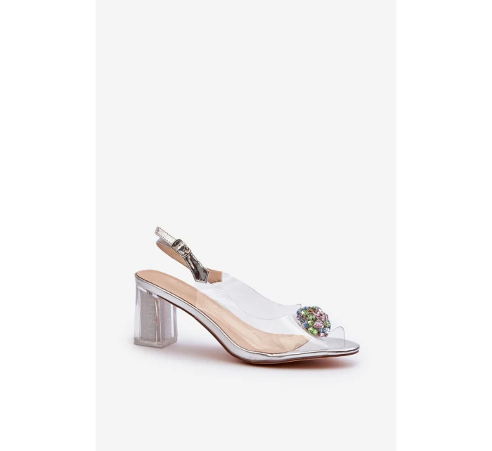 Průhledné sandály na podpatku s ozdobou stříbrné D&A model 21655900 - S.Barski Průhledné sandály na podpatku s ozdobou stříbrné D&A model 21655900 - S.Barski