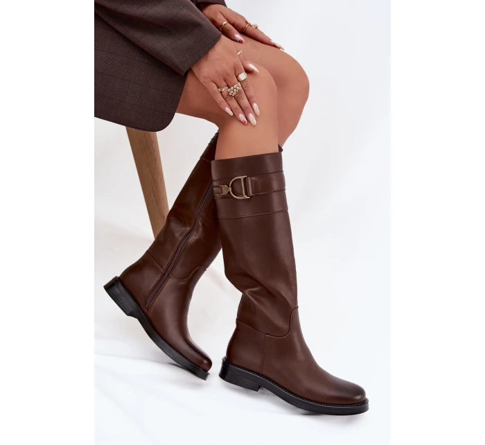 Kozaki Damskie Na Płaskim Obcasie Z Ozdobnym Detalem Brązowe Arvessa Kozaki Damskie Na Płaskim Obcasie Z Ozdobnym Detalem Brązowe Arvessa