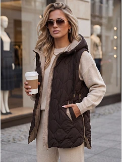 Dlhá prešívaná dámska vesta s kapucňou, hnedá, FashionStreet TY5921