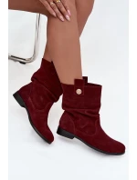 Skórzane Zamszowe Botki Damskie Z Marszczeniem Ocieplane Zazoo 4210 Bordowe