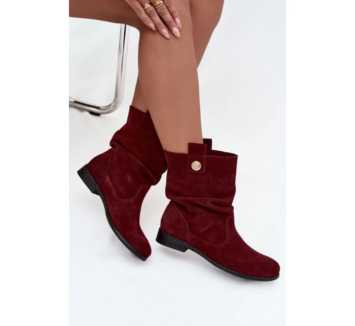 Skórzane Zamszowe Botki Damskie Z Marszczeniem Ocieplane Zazoo 4210 Bordowe