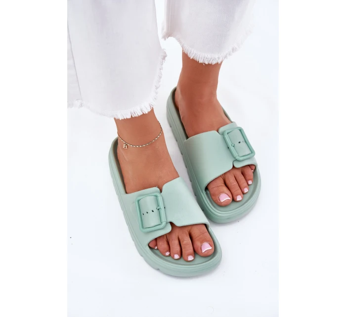 Klapki Damskie Piankowe Na Platformie Z Klamrą Zielone Viasara