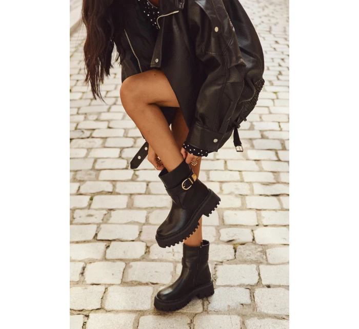 Ocieplane Botki Damskie Ze Złotą Klamrą Czarne Elanore Ocieplane Botki Damskie Ze Złotą Klamrą Czarne Elanore