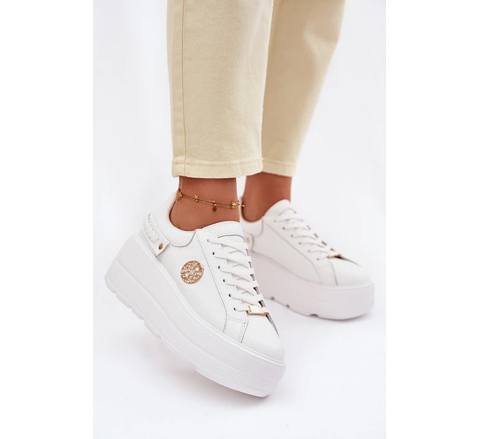 Kožené dámské tenisky na platformě model 22100258 bílé - D&A Kožené dámské tenisky na platformě model 22100258 bílé - D&A