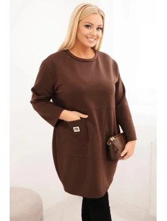 Dámské šaty Plus Size model 21439140 s kapsou a rukávem 3/4 hnědá - K-Fashion