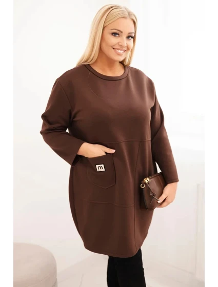 Dámské šaty Plus Size model 21439140 s kapsou a rukávem 3/4 hnědá - K-Fashion