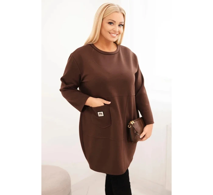 Dámské šaty Plus Size model 21439140 s kapsou a rukávem 3/4 hnědá - K-Fashion