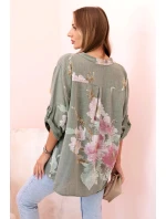 Dámska bavlnená blúzka s kvetinovým vzorom a gombíkmi v khaki farbe