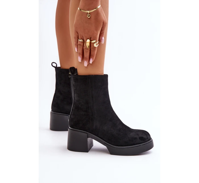 Eko Zamszowe Damskie Botki Na Słupku Ocieplane Czarne Meriluna