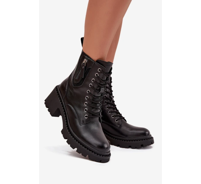 Skórzane Botki Damskie Na Klocku Ocieplane Vinceza 86418 Czarne