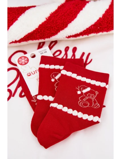 Dámské vánoční ponožky Medvídek v čepici Santa Claus červené