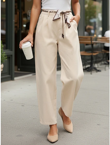 Spodnie damskie z wysokim stanem z beżowe model 22067209 - FashionStreet