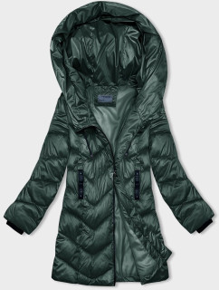 Tmavozelená dámska zimná bunda s asymetrickým zipsom (B8167-10)