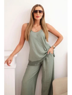 Dámska súprava z viskózy, široký top na ramená a široké nohavice khaki