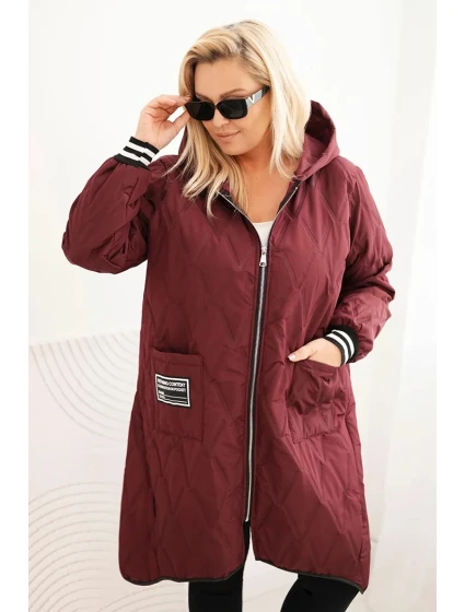 Dámska prešívaná bunda s kapucňou a športovými manžetami Plus Size Plum