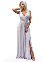 467-2 LOUISE dlhé šaty s výstrihom a rozparkom na nohách - béžové s trblietkami 467-2 LOUISE dlhé šaty s výstrihom a rozparkom na nohách - béžové s trblietkami