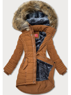 Asymetrická dámska zimná bunda v karamelovej farbe (M-21301)