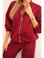 Dámský bavlněný komplet se širokými nohavicemi a mikinou na zip bordový