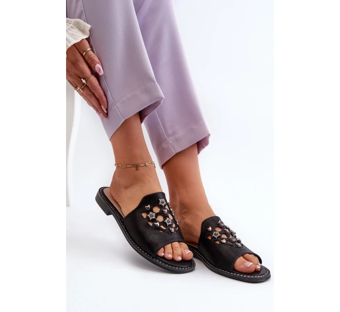 Błyszczące Klapki Damskie Z Ozdobami S.Barski KV27-063 Czarne