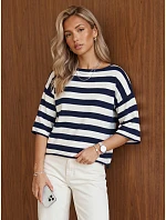 Dámský oversize svetr s pruhy v tmavě modré a bílé barvě FashionStreet MY2608 Dámský oversize svetr s pruhy v tmavě modré a bílé barvě FashionStreet MY2608