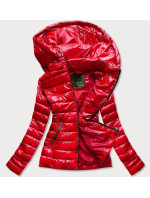Krátka červená prešívaná dámska bunda s kapucňou (CAN-333)