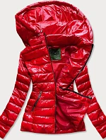 Krátka červená prešívaná dámska bunda s kapucňou (CAN-333)