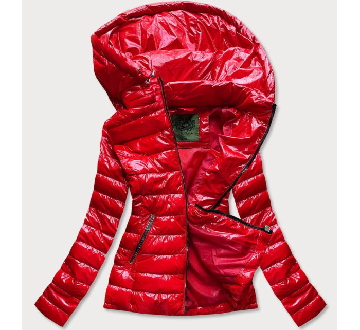 Krátka červená prešívaná dámska bunda s kapucňou (CAN-333)