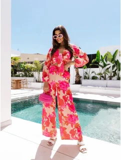 Súprava blúzky a širokých nohavíc v ružovej a béžovej farbe (8175)