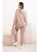 Sada dámská máslová mikina s kapucí a kalhoty s páskem tmavě béžová