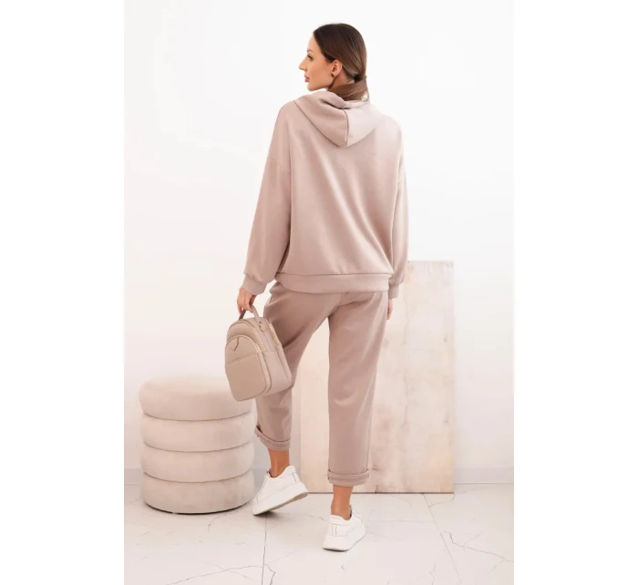 Sada dámská máslová mikina s kapucí a kalhoty s páskem tmavě béžová