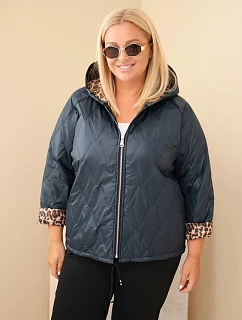 Dámska bunda vo veľkosti Plus Size s kapucňou a leopardovým lemovaním, modrá