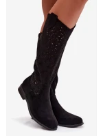 Dámské perforované kozačky na nízkém podpatku model 21998048 Černé - S.Barski