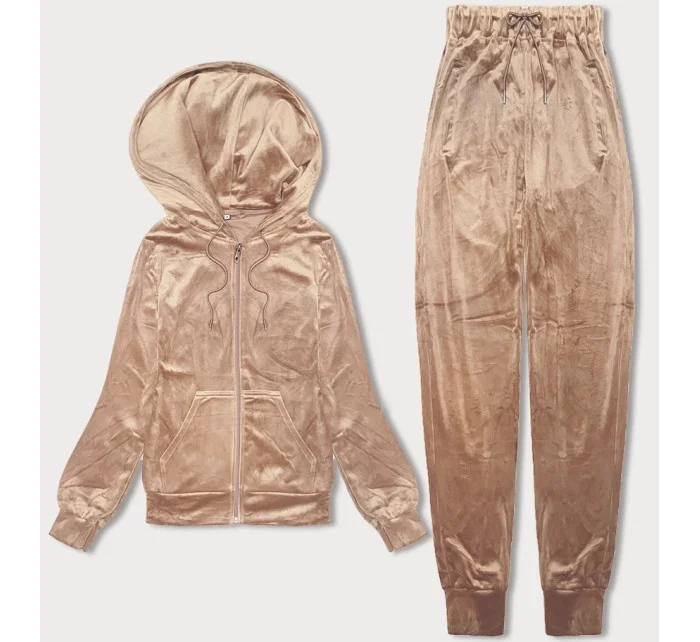 Béžová dámská velurová souprava s rozepínací mikinou model 19392612 - J.STYLE Béžová dámská velurová souprava s rozepínací mikinou model 19392612 - J.STYLE