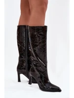 Zdobené Lakované Kozačky Dámské Na Podpatku model 21713951 Černé - D&A