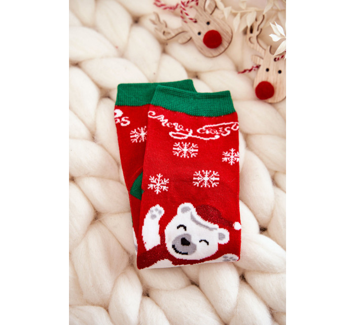 Detské ponožky "Veselé Vianoce" Veselý medveď červený