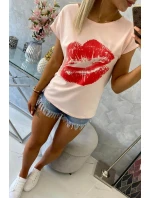 Blúzka s potlačou pier, púdrovo ružová