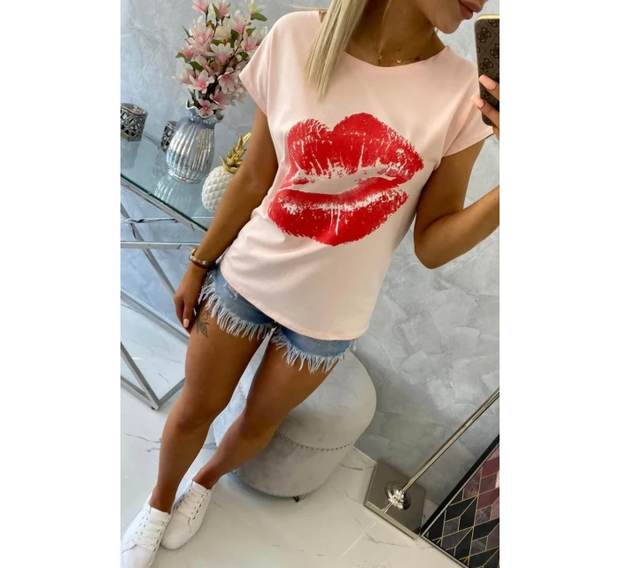 Blúzka s potlačou pier, púdrovo ružová