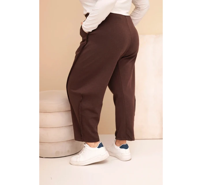 Dámske Plus veľkosť bavlnené nohavice s vysokým pásom voľné hnedé Dámske Plus veľkosť bavlnené nohavice s vysokým pásom voľné hnedé