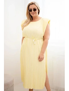 Dámské šaty Plus Size z viskózy, plisované s vázáním žlutá