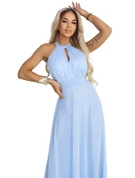 Elegantní maxi večerní šaty na ramínka s a zavazováním v pase modré model 22004204 - numoco basic Elegantní maxi večerní šaty na ramínka s a zavazováním v pase modré model 22004204 - numoco basic