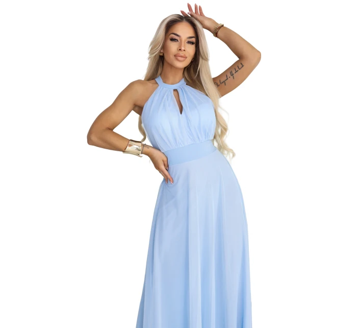 Elegantní maxi večerní šaty na ramínka s a zavazováním v pase modré model 22004204 - numoco basic Elegantní maxi večerní šaty na ramínka s a zavazováním v pase modré model 22004204 - numoco basic
