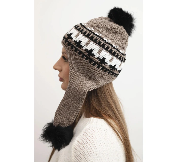 Dámska zimná vlnená čiapka s uškami a bambuľkami K436 mocca Dámska zimná vlnená čiapka s uškami a bambuľkami K436 mocca