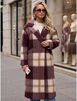 Płaszcz damski dwurzędowy z wełną w kratę bordowy FashionStreet NY0826 Płaszcz damski dwurzędowy z wełną w kratę bordowy FashionStreet NY0826
