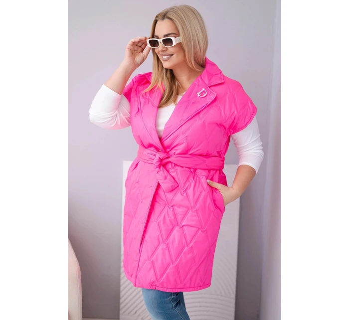 Dámske Plus veľkosť prešívaná vesta s opaskom a golierom Neon Pink