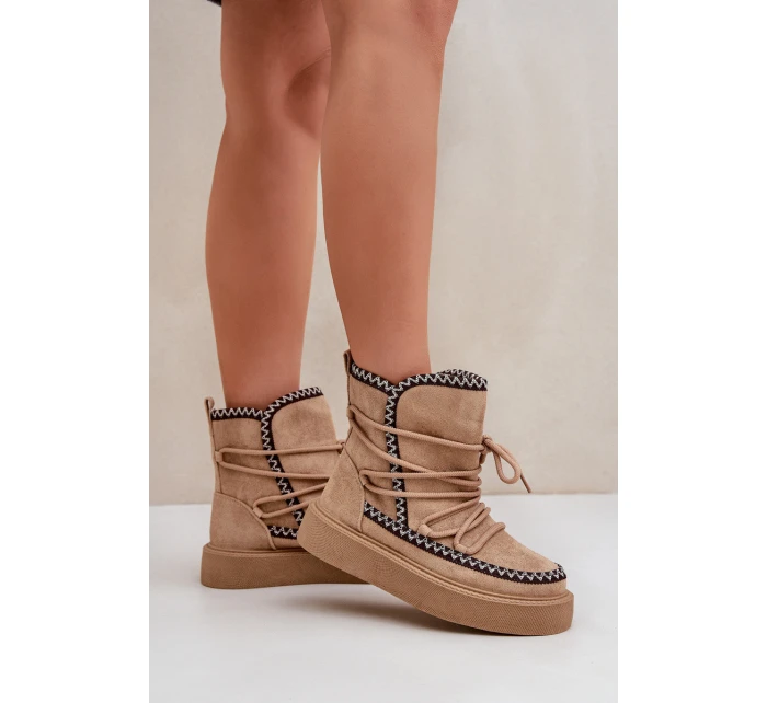 Śniegowce Damskie Z Haftem Na Platformie Brązowe Naleris