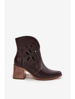 Botki Damskie Ażurowe Z Naturalnej Skóry Na Słupku Zazoo 3690 Czekoladowe