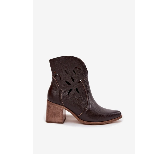 Botki Damskie Ażurowe Z Naturalnej Skóry Na Słupku Zazoo 3690 Czekoladowe