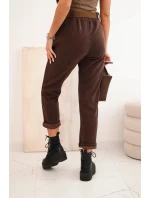 Dámské kalhoty s páskem pruhované hnědé