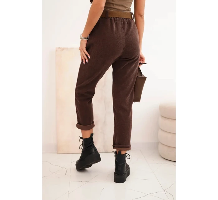 Dámské kalhoty s páskem pruhované hnědé