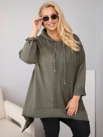 Dámska bavlnená mikina Plus Size s kapucňou a pleteným panelom v khaki farbe